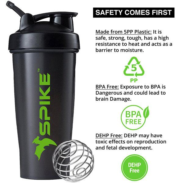 Spike Protein Shaker Bottle with Stainless Steel Blending Ball 700ml (Black) - Spike